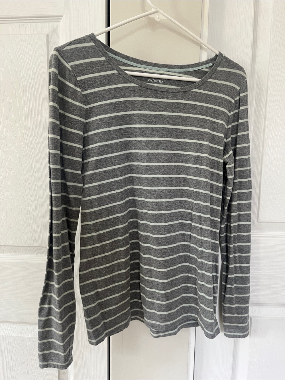 The Limited Gray & Mint Green Striped Long-Sleeve Tee
